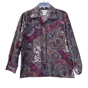 Vintage Bon Worth Parsley Navy Green Burgundy Button Up Shirt Women Size Medium